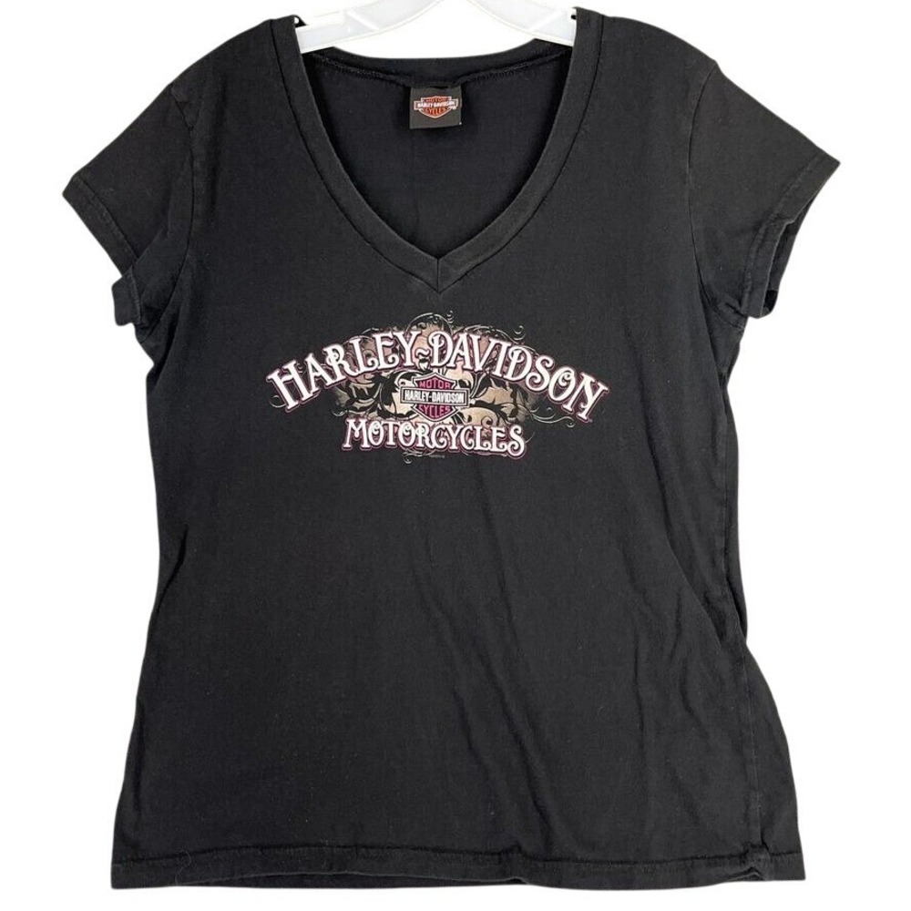 Harley Davidson Shirt Womens L Black V-Neck‎ Cap Sleeve Fitted Thunder Tower SC